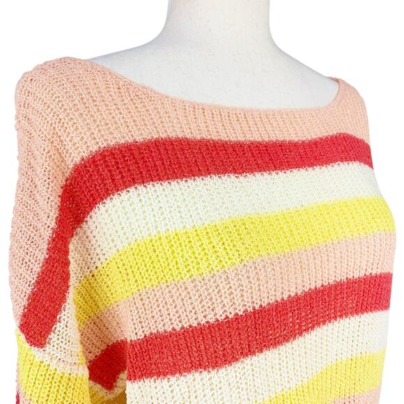 CUPCAKES & CASHMERE Lex Boucle Stripe Sweater Size M Butter Yellow Coral Pink - Picture 2 of 8